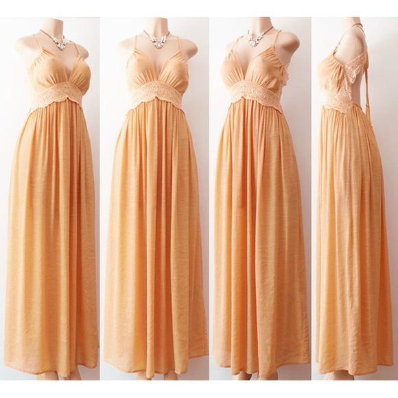 Yellow Crochet Lace Open Back Halter Maxi Dress - Picture 8 of 10